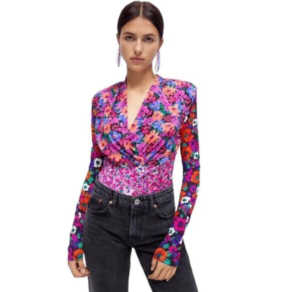 ZARA Printed Floral Shoulder Pad Top size XS - Picture 2 of 9